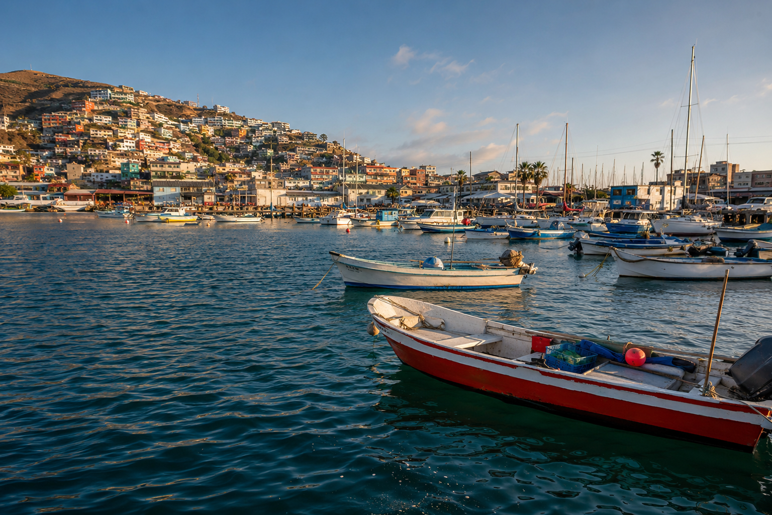 Puerto de Ensenada con embarcaciones y casas sobre las colinas